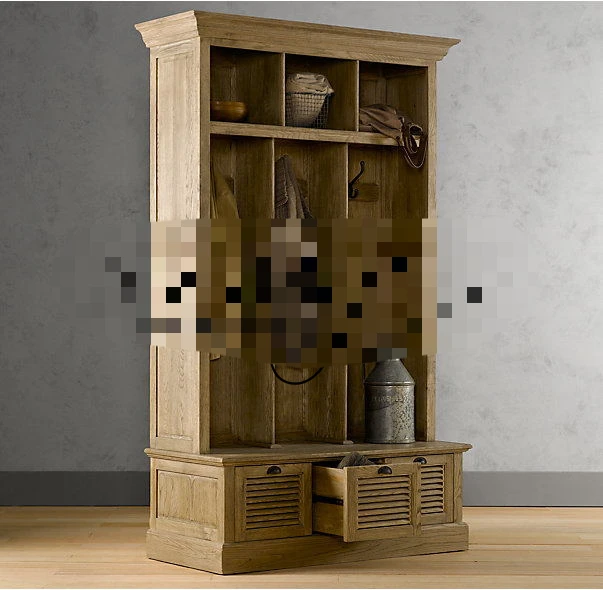 Oak, doorless solid wood open wardrobe, European simple cloakroom