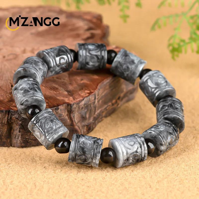 

Natural Jadeite Black Chicken Road To Prosperity Bracelet Hand-Carved Fashionable Ice-Type Jade Bracelet Men's Holiday Gift