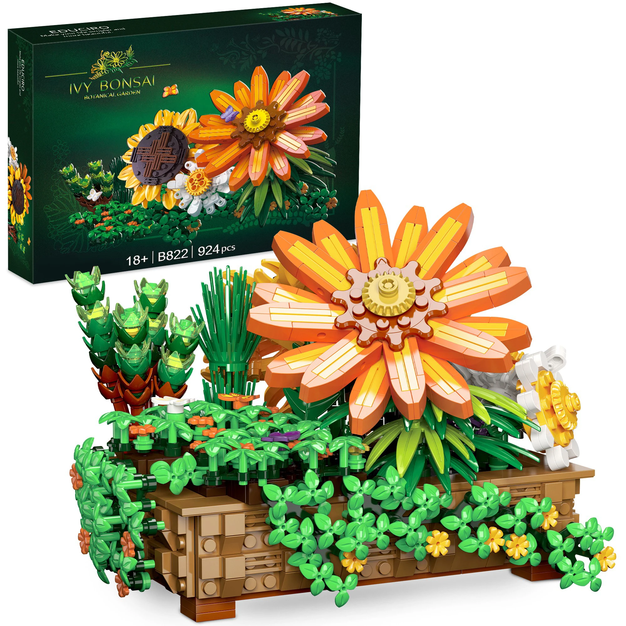 Flower Botanical Bonsai Building Set - 924pcs, Gift for Home Decor, Adults and Kids, Climbing Ivy, Sunflower, Chrysanthemum