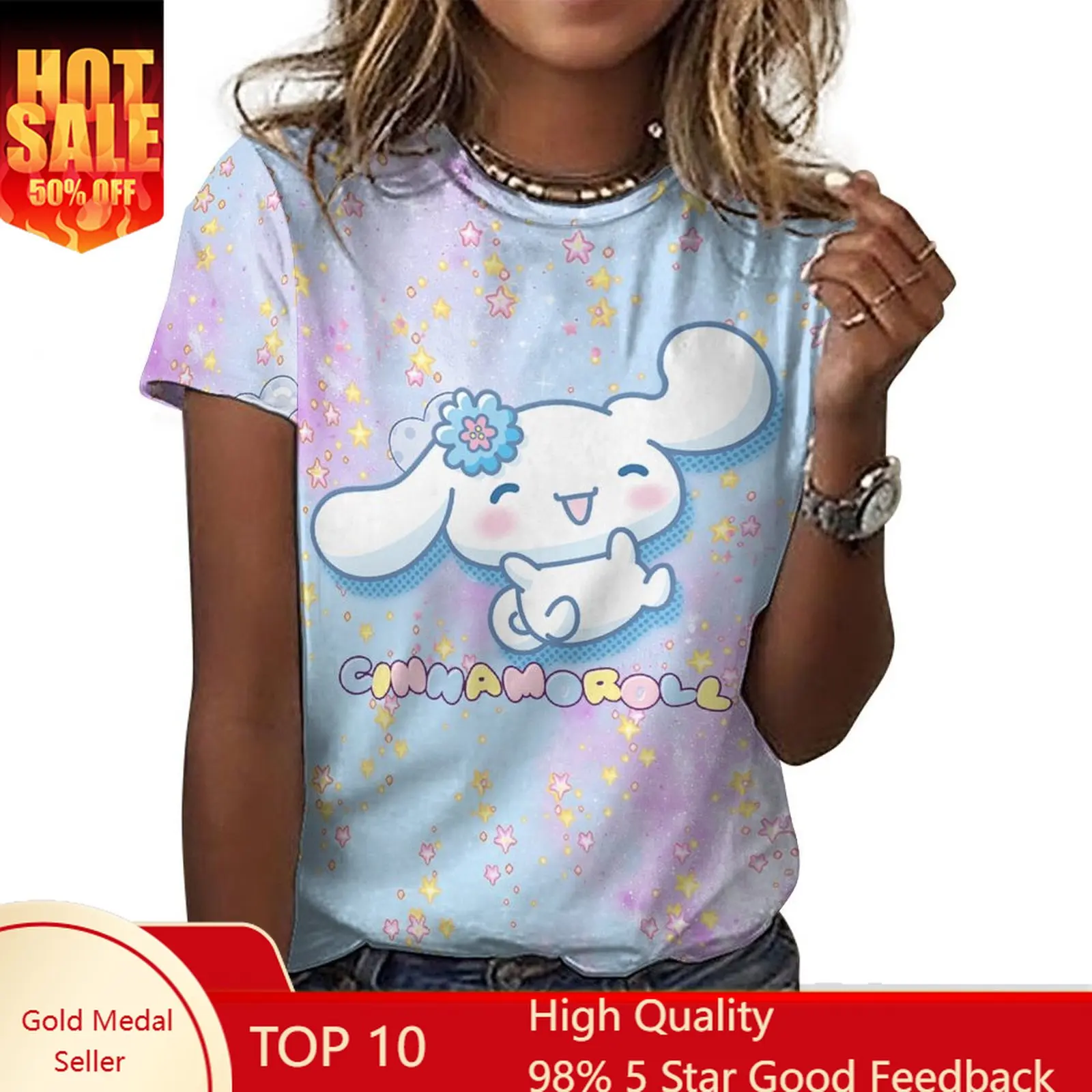 

Cinnamoroll Tshirts Womens Short Sleeve Tshirt O Neck Cartoon Tee Tees Slim T Shirt Cute Tops Summer Clothing