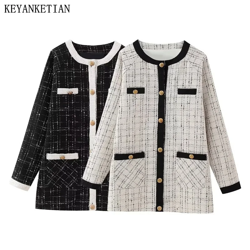 

KEYANKETIAN Autumn/Winter New Women's Tweed Texture Suit Contrast Piping Pockets Single Breasted Mid-Length Plaid Coat Outerwear