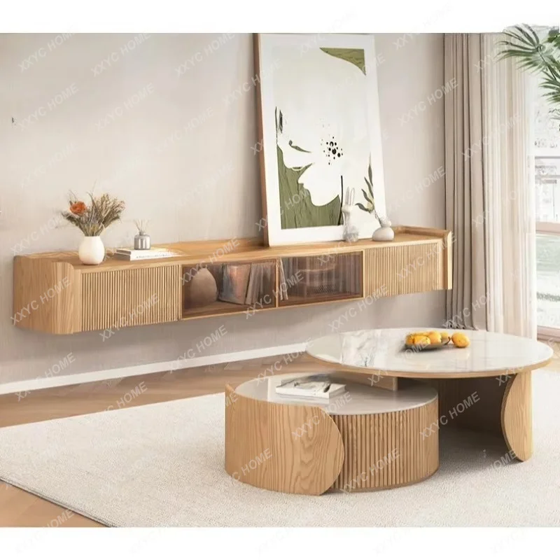 XXRound coffee table ash wood small apartment homestay household log wind wabi sandy wind solid wood size rock board coffee