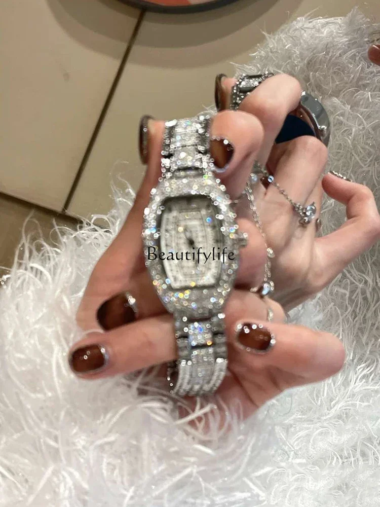 

Watch women's full diamond luxury high-value wine barrel-shaped mechanical watch