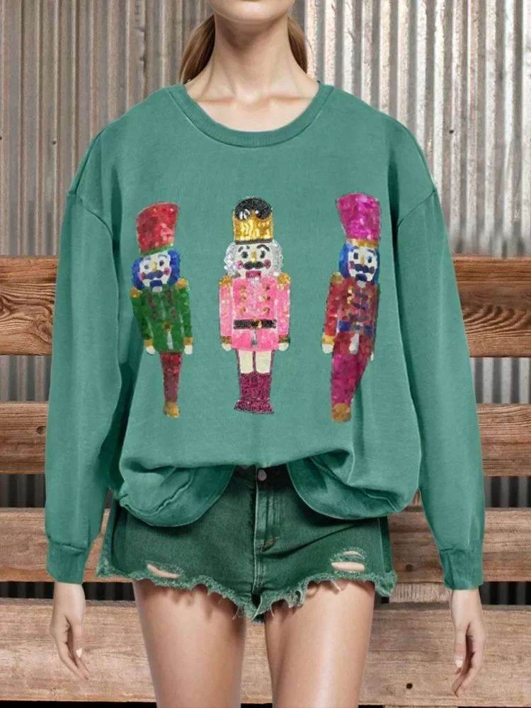 Nutcracker Contrast Print Green Sweatshirt Christmas Pullovers Not Sequins