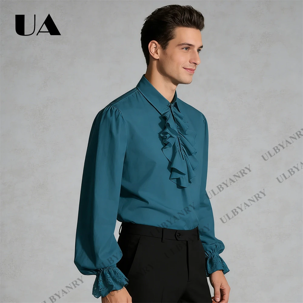 Teal Ruffled Front Blouse Men's Victorian Style Shirt with Puff Sleeves for Retro Streetwear Themed Party Casual Chic Outfit