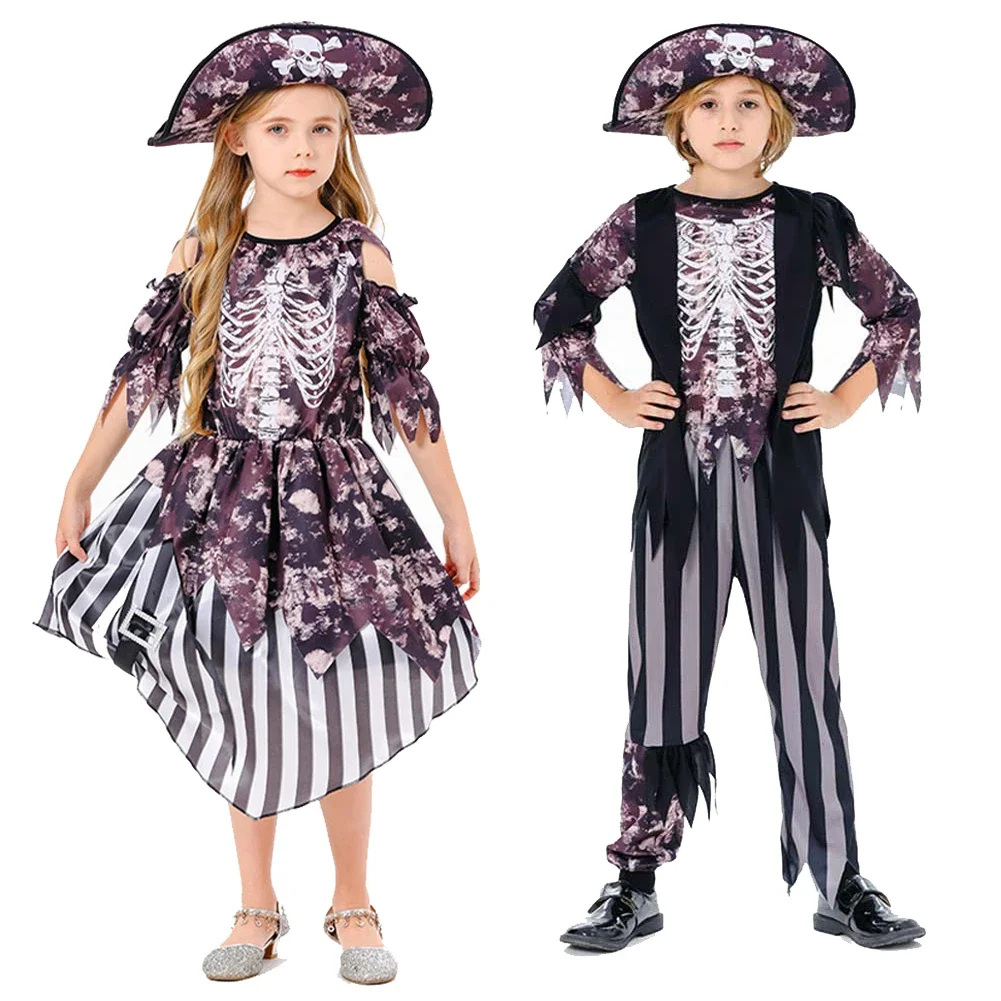 공포 무서운 해적 코스프레 어린이 소년 소녀, 해골 인쇄 의류, 무대 코스튬, 어린이 역할극, 멋진 파티 천