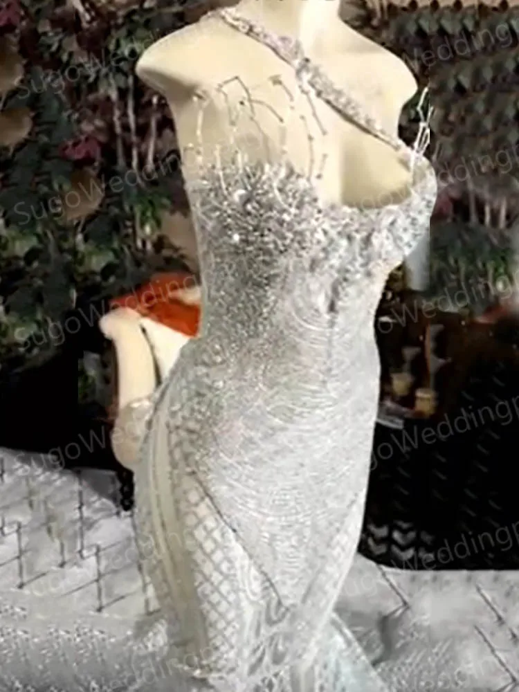 Silver Marriage Dress Strapless Mermaid Wedding Party Prom Gowns Sequins Sparkle Beads Wedding Dress Bling Bridal Gowns