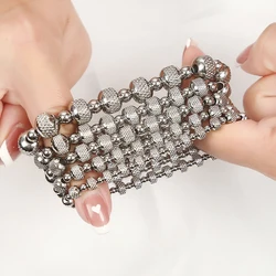 Waterproof Metal Jewelry Unisex Quality Stainless Steel Fade Resistant Geometric Mesh Textured Beads Sparkling Elastic Bracelets