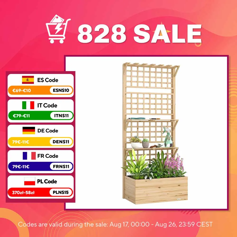 Outsunny Jardinera con Enrejado y Techo de Madera con 2 Estantes Natural