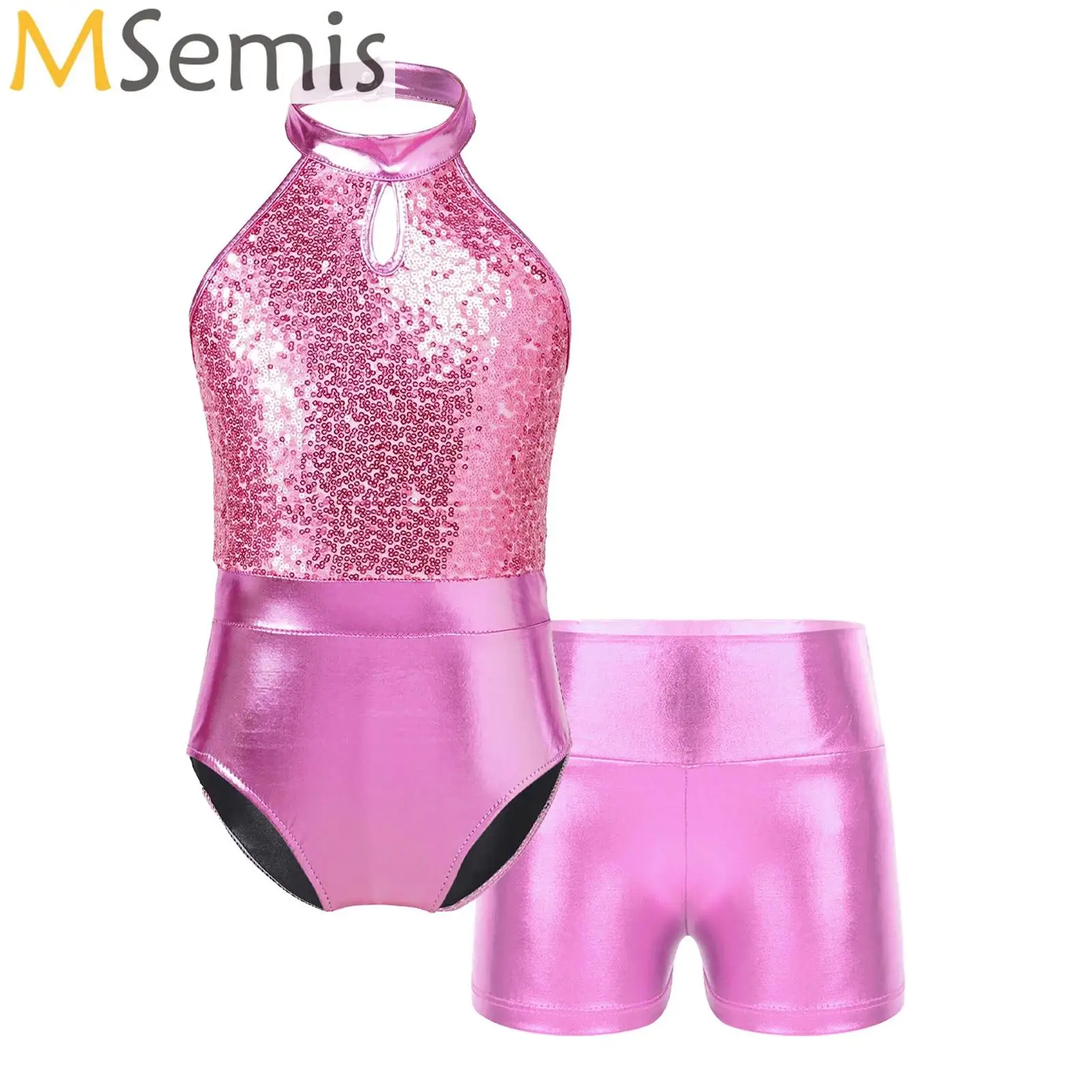 

Children Ballet Dance Leotards Sleeveless Kids Sequin Gymnastics Bodysuit with Shorts Set for Girls Performance Skating Jumpsuit