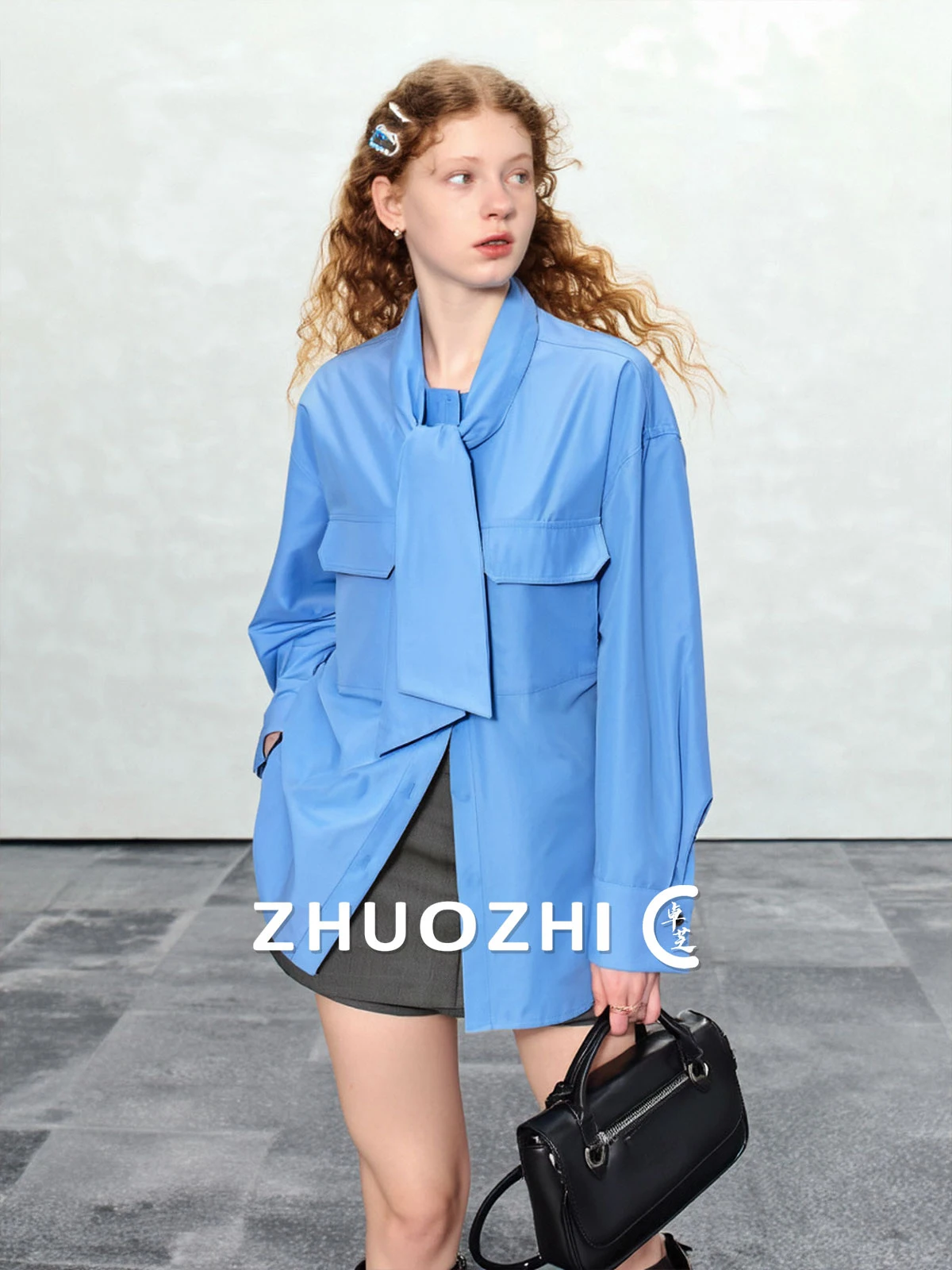 

ZhuoZhi Spring 2026 Women's irt with ket Flowing Tie Workwear Sle Casual Loose Fit Long Sve Faion Design