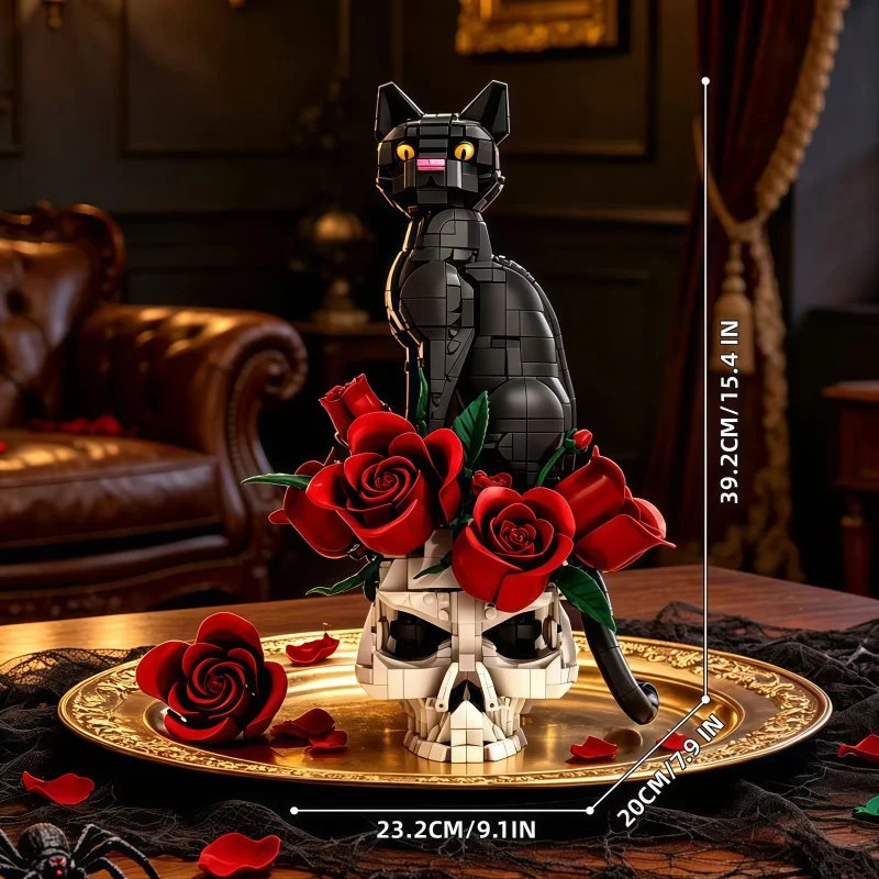 1576 particle style black cat assembly building blocks, skull vase with red rose bouquet, creative desktop art decoration collec view 6