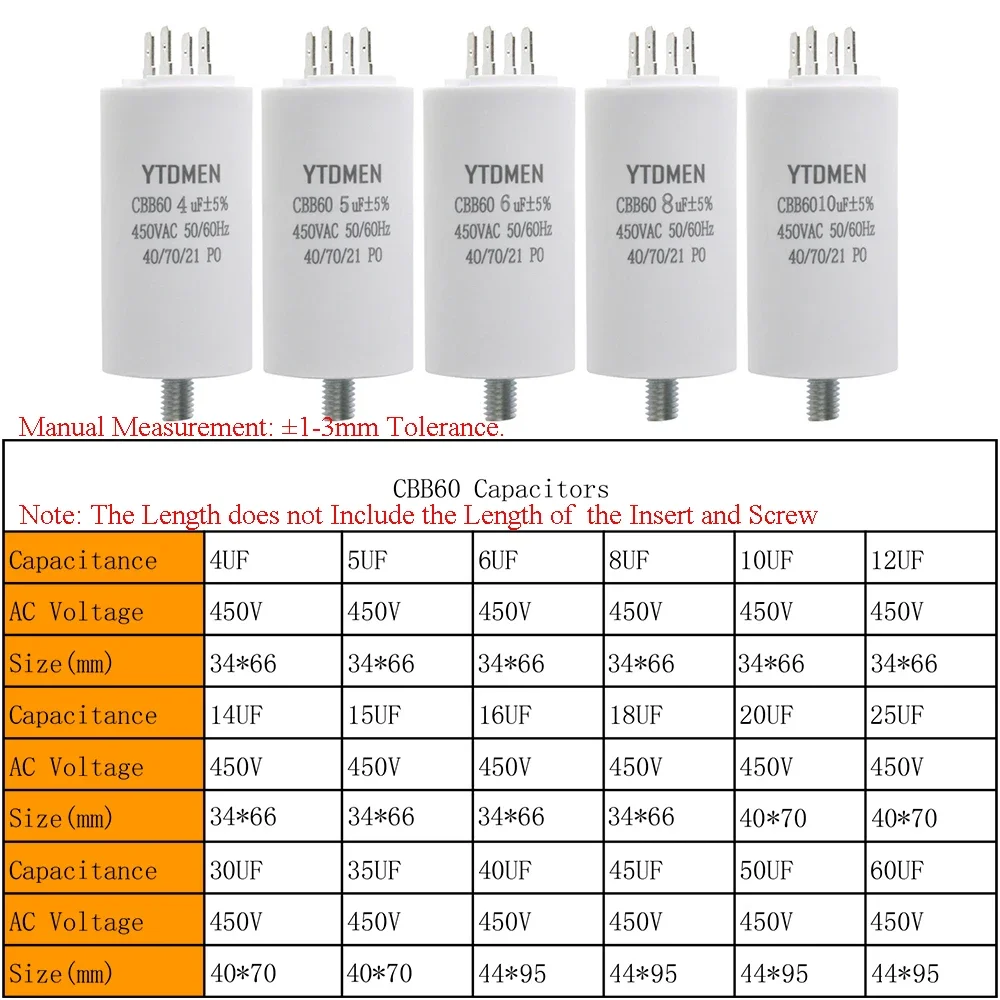 CBB60 Motor Starting Capacitor 4-60μF 450VAC Screw/Dual Insert 4-Pin for Air Compressor/Water Pump/Washing Machine Pump
