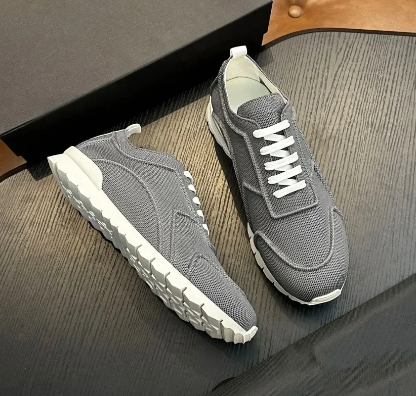 2026 New Men Knitted Cow Leather Casual Shoes Breathable Comfort Outdoor Fashion Sneakers European Big Sizes 39-44