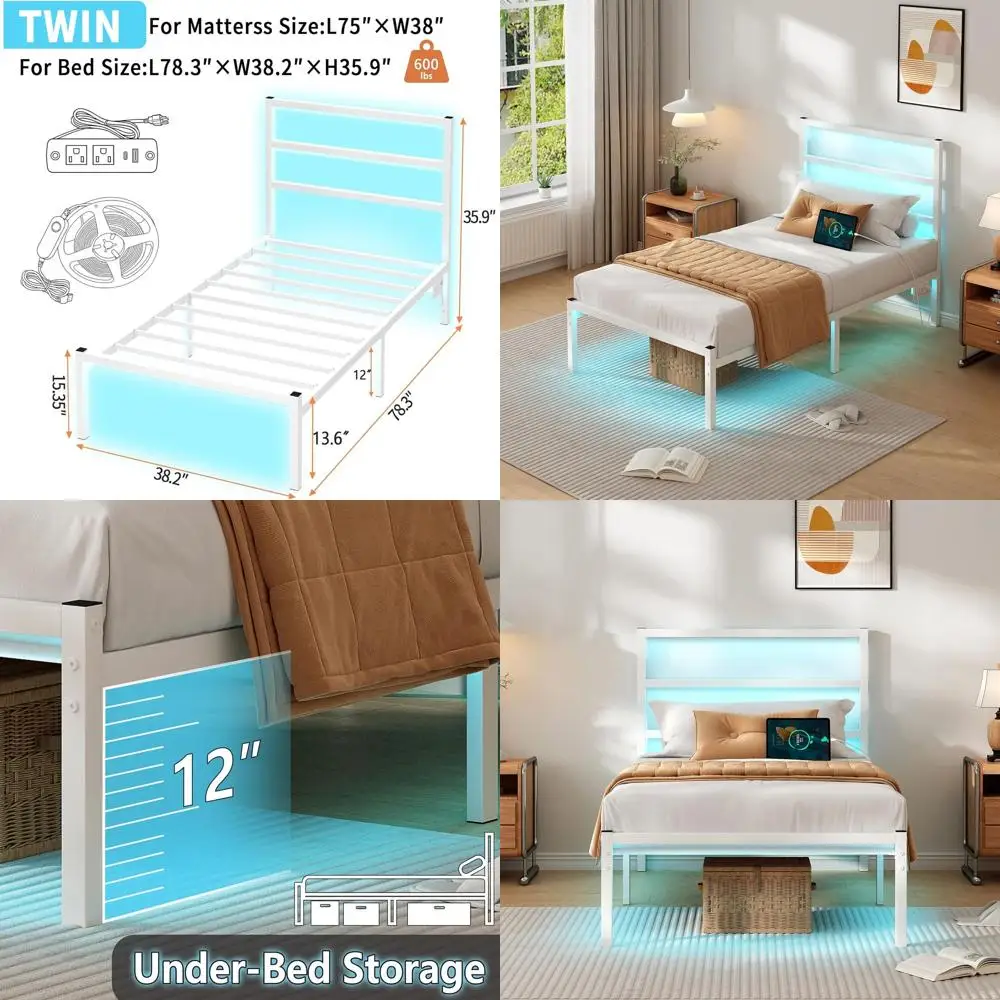 

White Heavy Duty Steel Twin Bed Frame with Headboard, LED USB Charging, Mattress Support, Underbed Storage, No Box Spring Needed