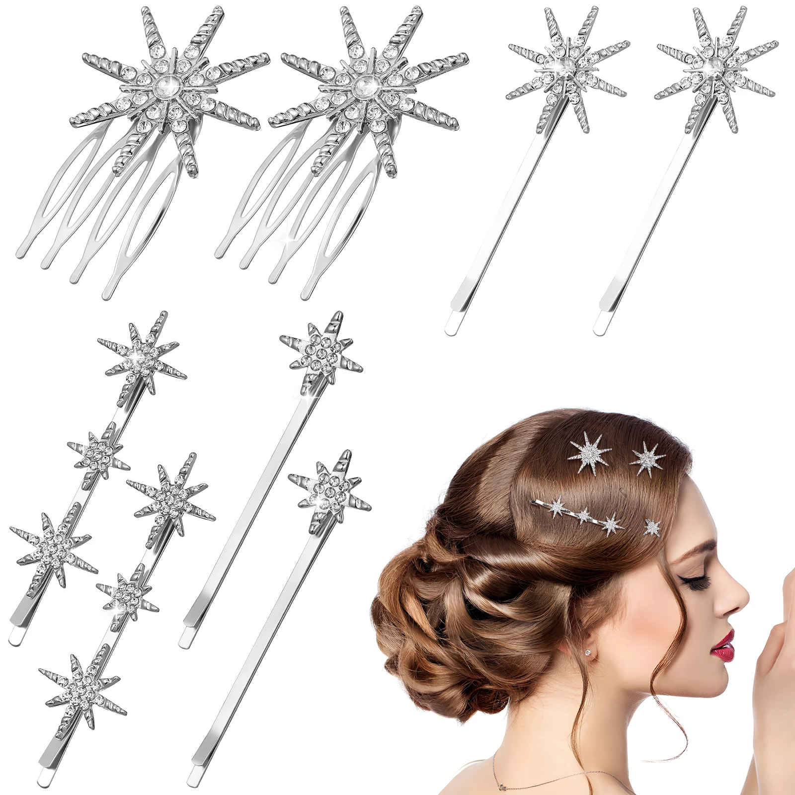 

8pcs Silver Pins Rhinestone Bobby Clips Sparkly Decorative Hair Clips Set for Thick Hair Styling Wedding Daily Use