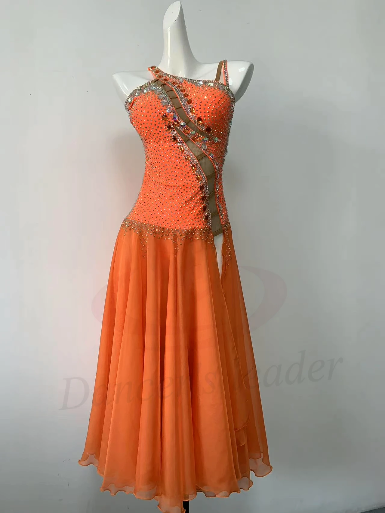 

Latin Dance Rhinestone Dress High-end Custom Hollow Out Slit Mesh Skirt Tango Adult Stage Professional Clothing