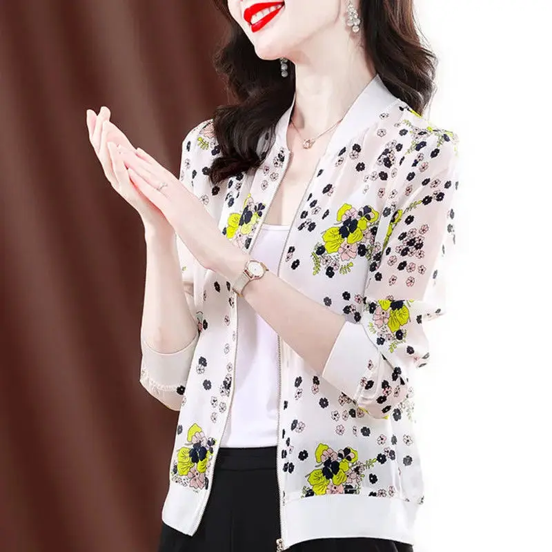 

Chiffon Printed Short Coat Women's Spring Summer New Slim Korean Fashion Casual Long Sleeve Baseball Uniform