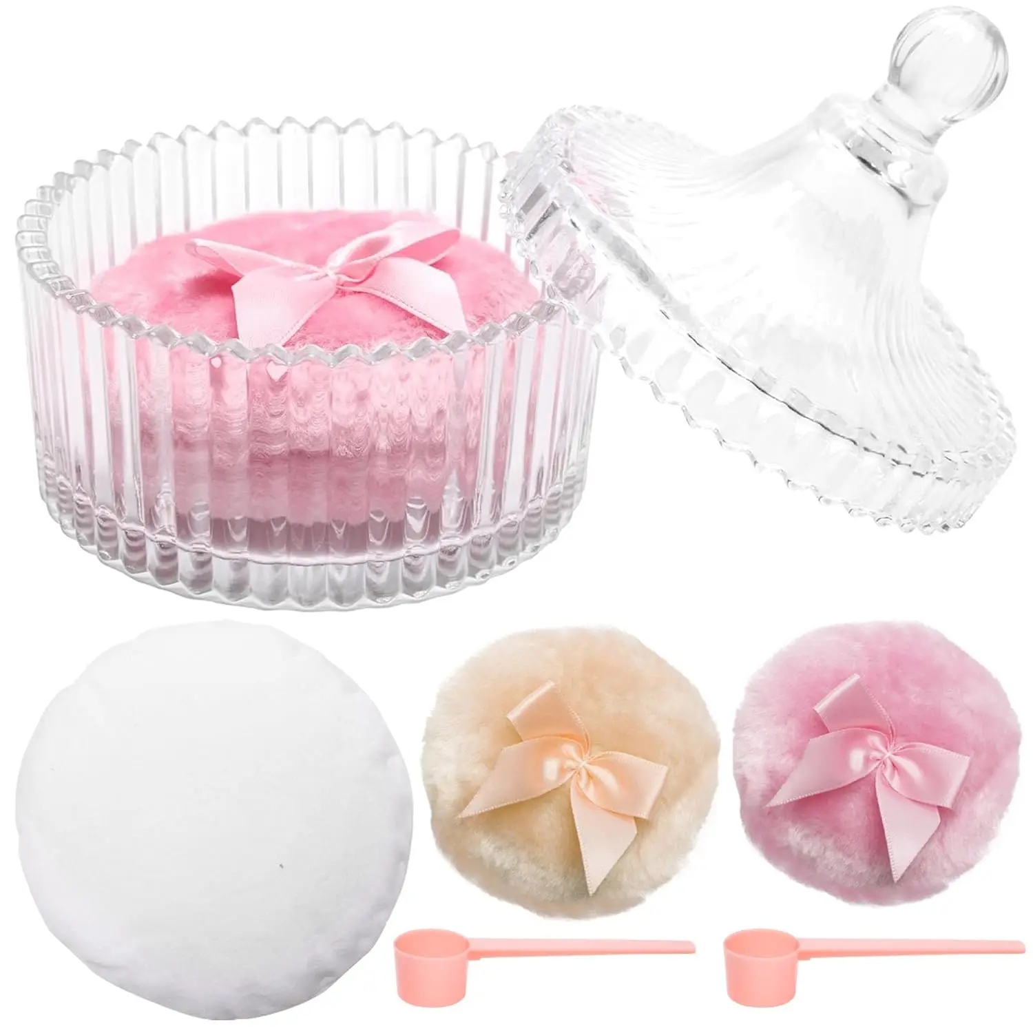 

Набор из 6 больших пуховок для тела со стеклянным контейнером, включает пуховки и ложки для макияжа