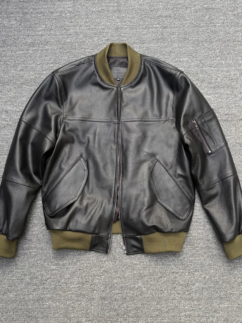 Casual Leather Jacket Men's Baseball Style Top Layer Calfskin Pure Leather Flight Suit Motorcycle Coat Warm Long Sleeve Zipper