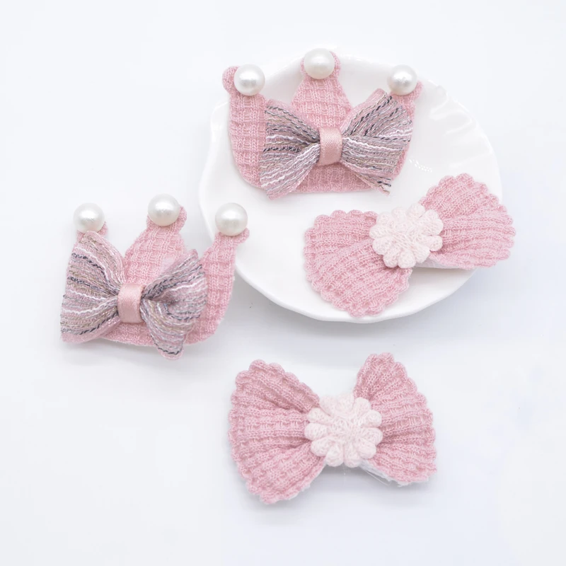 10/20Pcs 50*35mm Padded Cloth Bow Tie Crown with Pearl Appliques for DIY Clothes Hat Leggings Headwear Sewing Patches Accessory