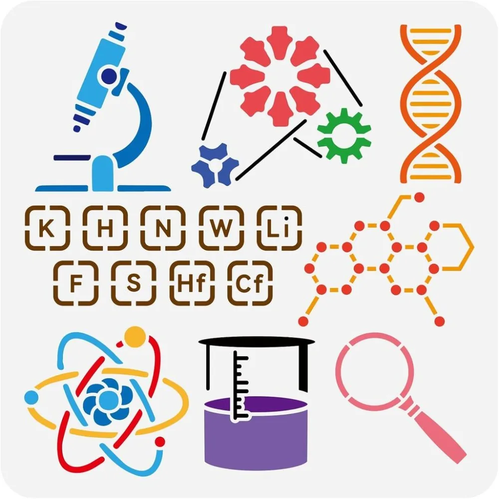 Scientific Experiment Stencil for Painting 11.8x11.8inch Reusable Microscope Beaker Magnifying Glass Gears Painting Stencil