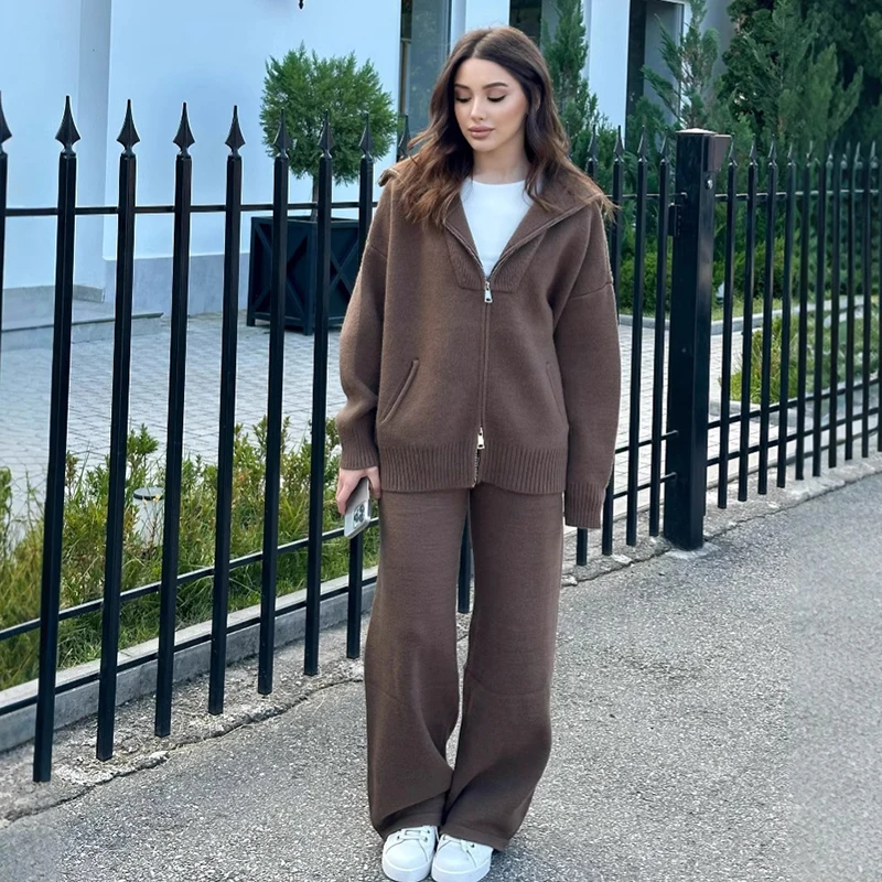 Autumn Winter Fashion Casual Loose Women Two Piece Set Knitted Zipper Long Sleeve Winter Warm Cardigan Coat+Wide Leg Pants Suit