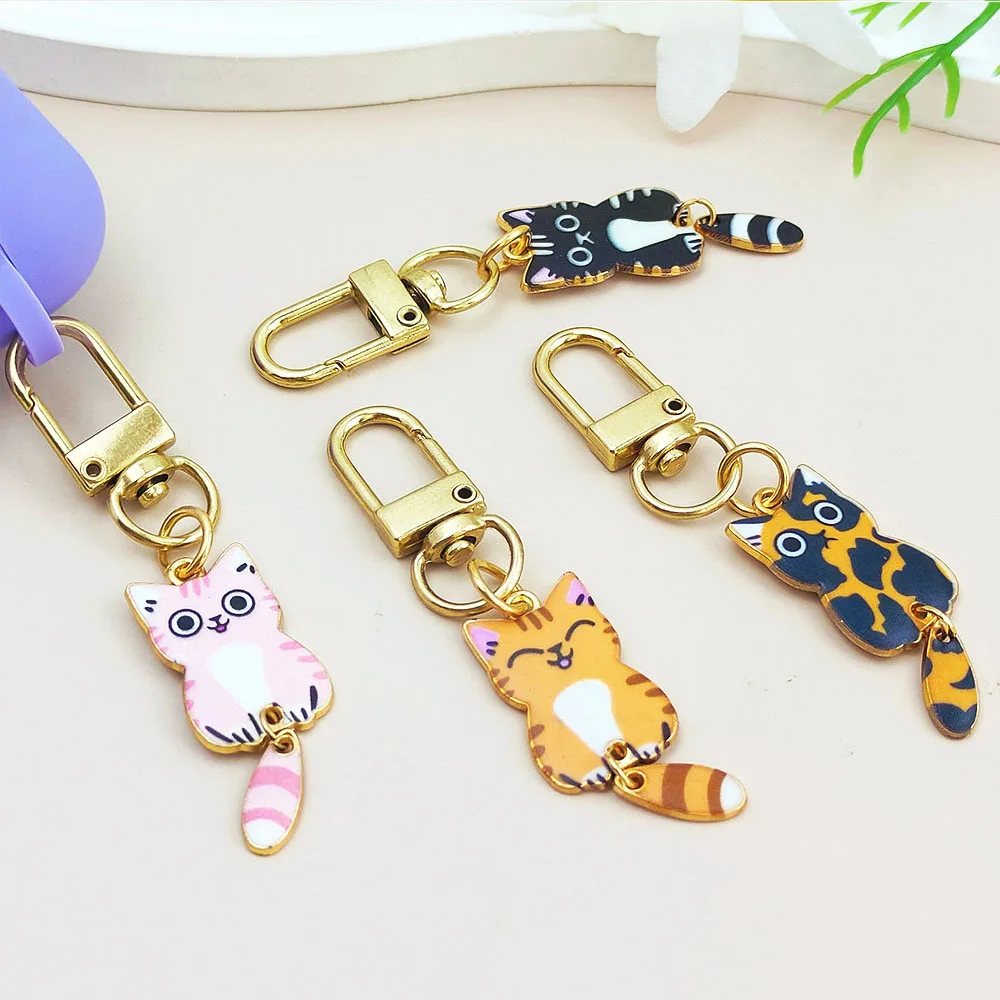 Cute Tail Hanging Cat Keychains Trendy Kitten Metal Keyrings Friend Gifts Souvenir Earphone Case Pendant Bag Charms Accessories