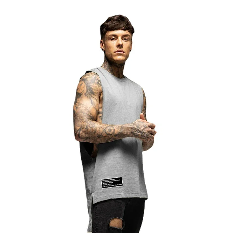 الصيف الظهر تمديد سترات قطنية طويلة رجالي اللياقة البدنية كمال الاجسام تانك القمم الصالة الرياضية تجريب فضفاض مفتوح الجانب قطع أكمام تي شيرت