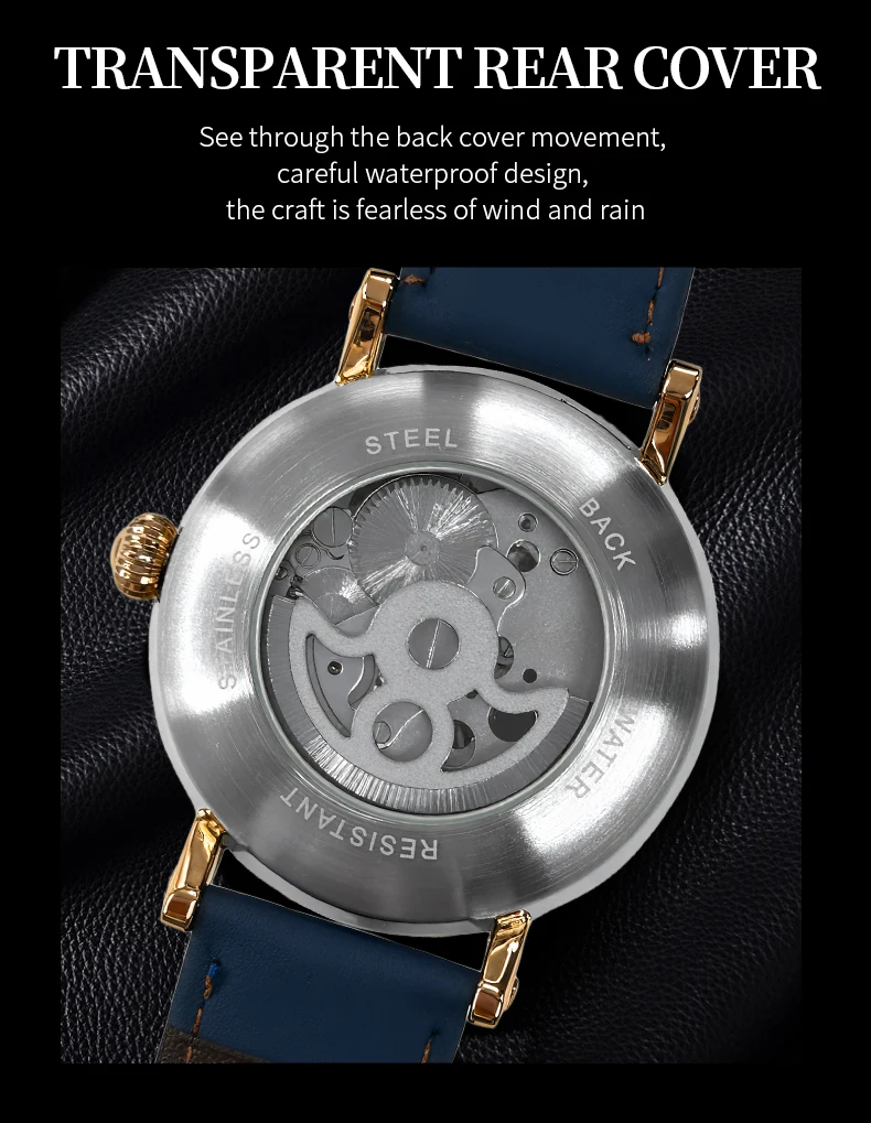 TEVISE Jam Tangan Mekanis Otomatis untuk Pria Jam Tangan Kerangka Jam Tangan Fashion & Bisnis Bercahaya dengan Tali Kulit Tahan Air