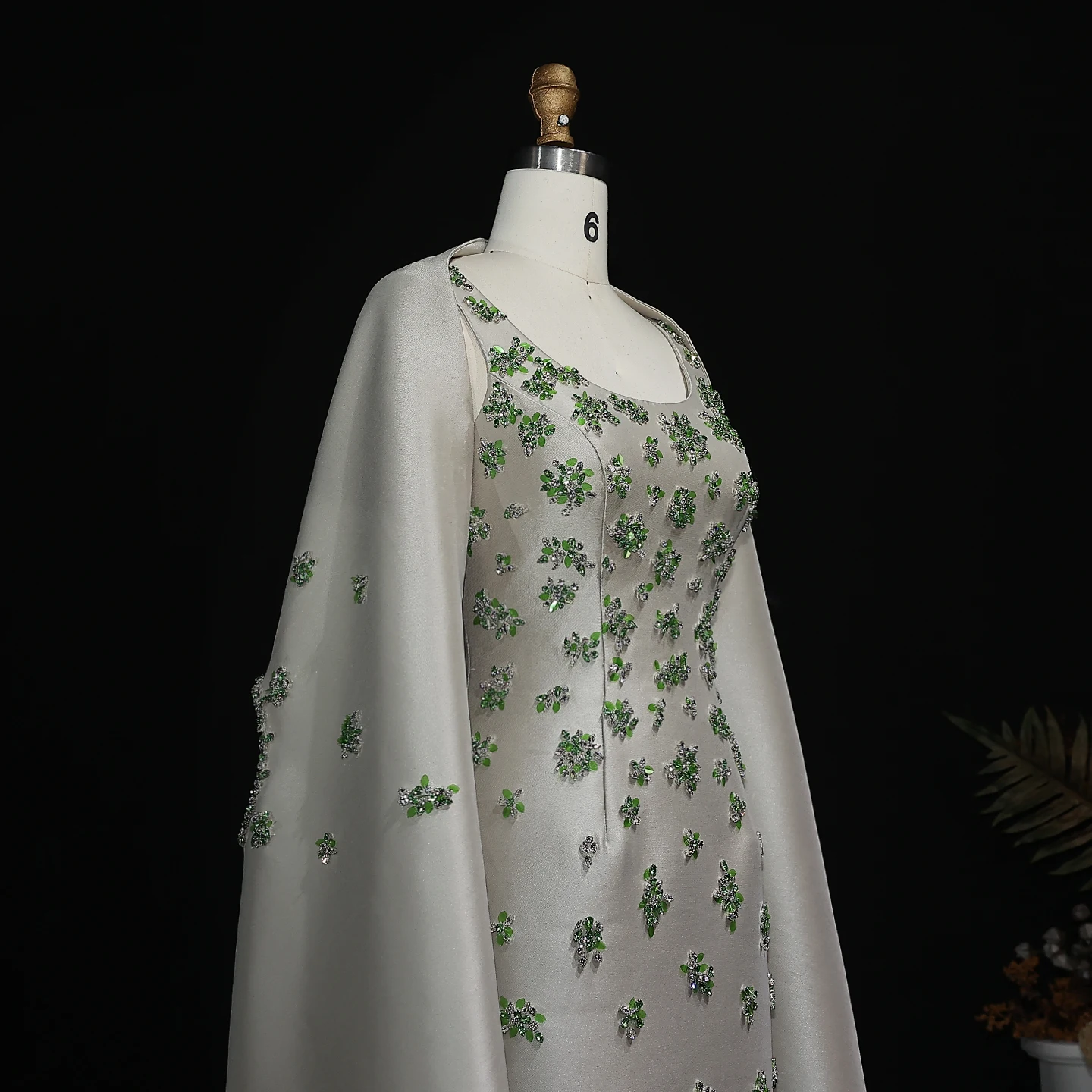 Sharon Said Chic Sage Green Satin 3D Floral Beaded Arabic Evening Dress with Cape for Dubai Women Wedding Party SS536 Customized image 4