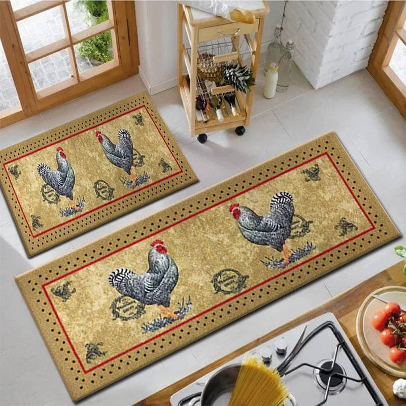 Buntes Hahn-Muster Küchenmatten-Set 2-teilig Rutschfeste Bodenmatten Bauernhaus-Deko mit Weichen Waschbaren Langen Rechteckigen Teppichen
