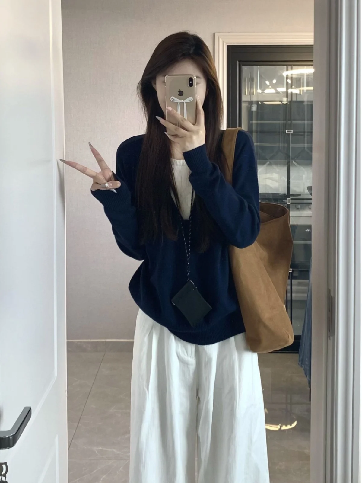 الأمريكية كسول Sle اللون بلو فضفاض محبوك V-Ne أعلى المرأة ربيع الخريف التخسيس طويل Sve سترة عارضة Faion