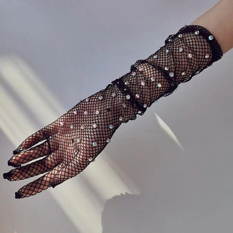 Sexy Elastic Mesh Gloves With Colored Flash Diamonds Bungee Stage Performance Hollow Fishing Net Punk Hiphop Women\'s Gloves R51