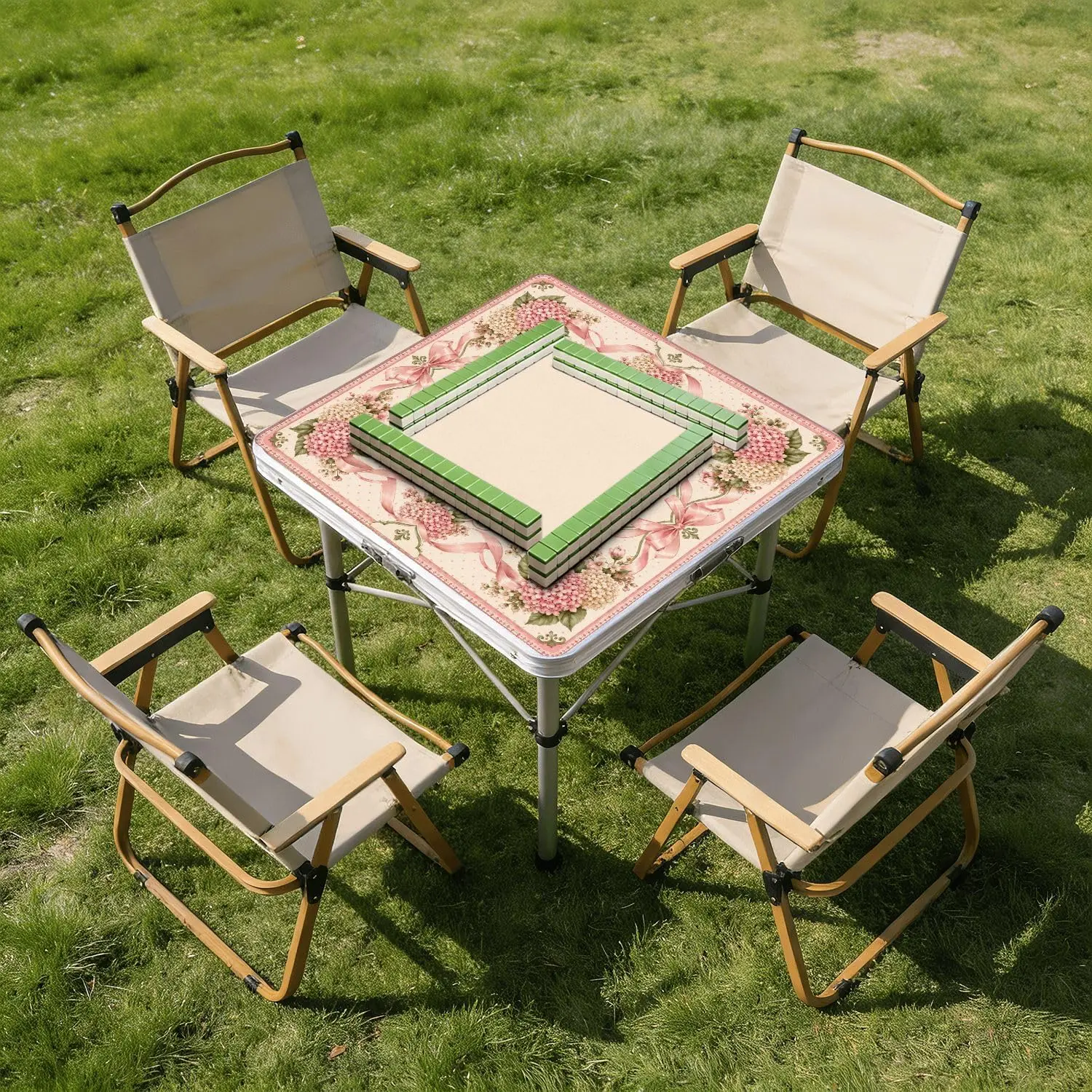 Neoprene 3mm Luxury Mahjong Gaming Mat 31.5 Inch Vintage Floral Pink Bow Frame Non Slip Noise Reduction for Mahjong Poker