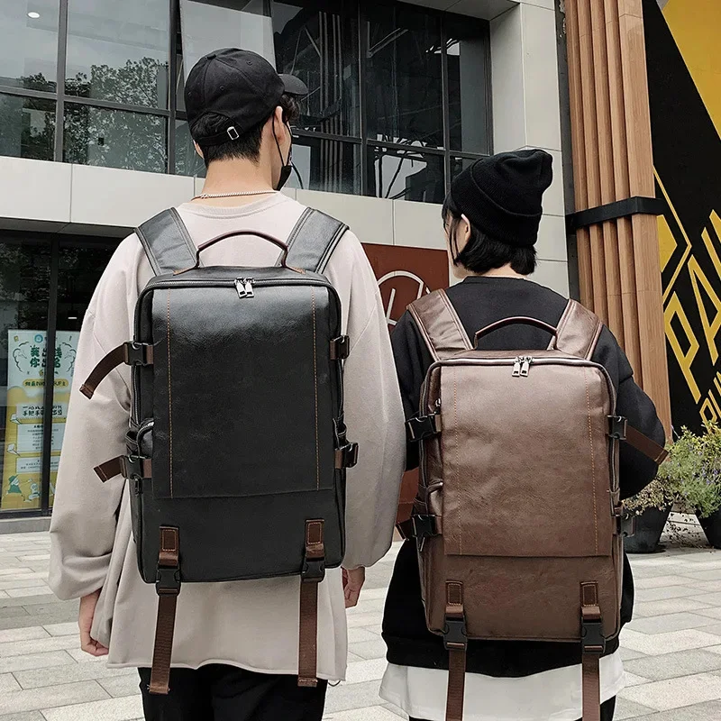 Vintage Flip Men Women PU Leather Travel Large Capacity School Bag For Teenager Male Business Laptop Backpack