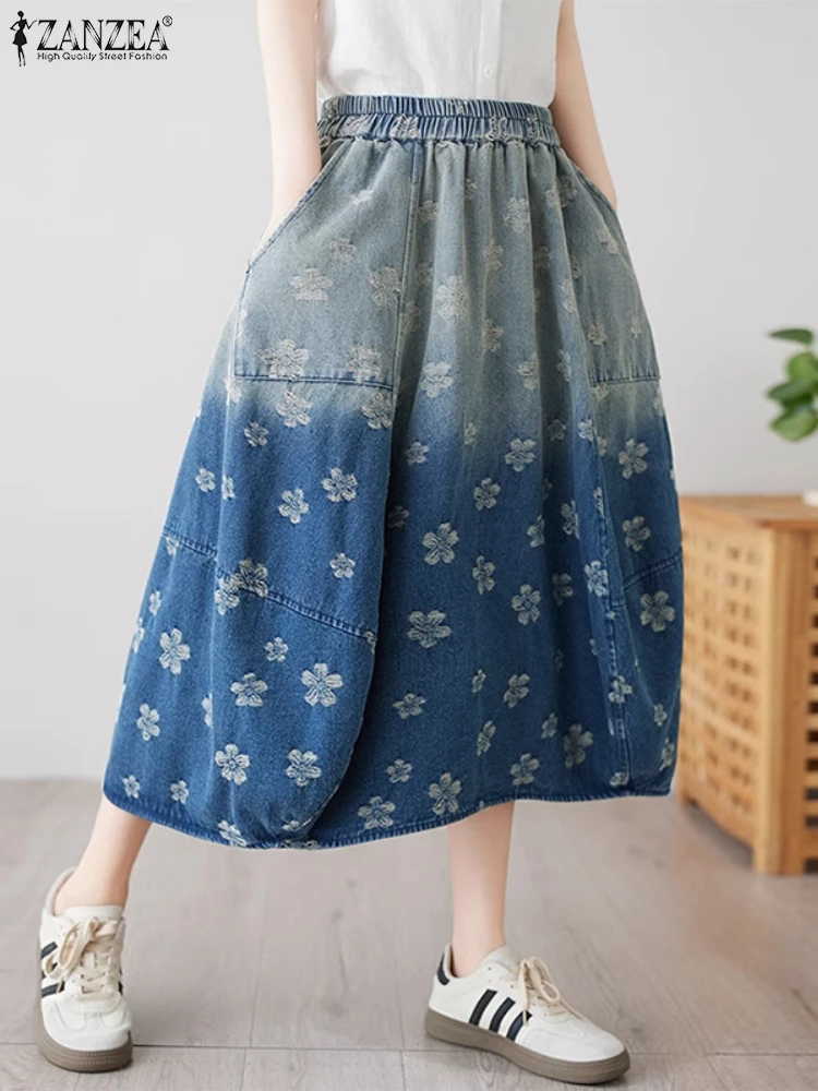 ZANZEA 2025 Stylish Pockets Skirts Women Casual Loose Long Bottoms Fashion Printed Workwear A-Line Elastic Waist Overskirts
