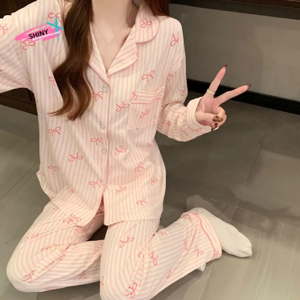 

Ins Stripe Bow Pajamas Set Loose Korean Style Sweet Pajamas Suit Casual Home Wear Two Piece Nightwears Girl