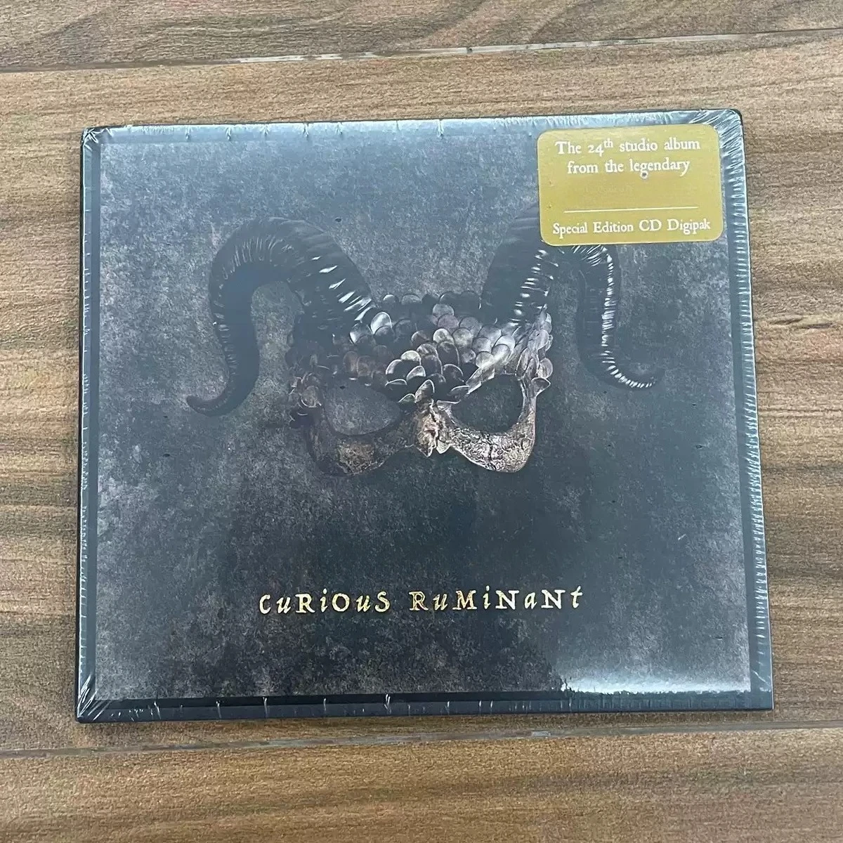 CD de Rock Folk Progresivo Medieval de Moody, con Diseño Artístico de Máscara de Cráneo de Cuerno de Carnero Tallado Antiguo, en Empaque Digipak Gris Envejecido