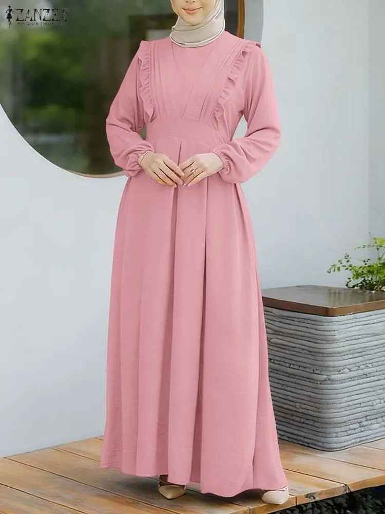 

ZANZEA Hijabs Women Ramadan Long Dresses Modest Ruffles Trim O-Neck Lantern Sleeve Tied-Back Maxi Dress Muslim Woman Clothes 3XL