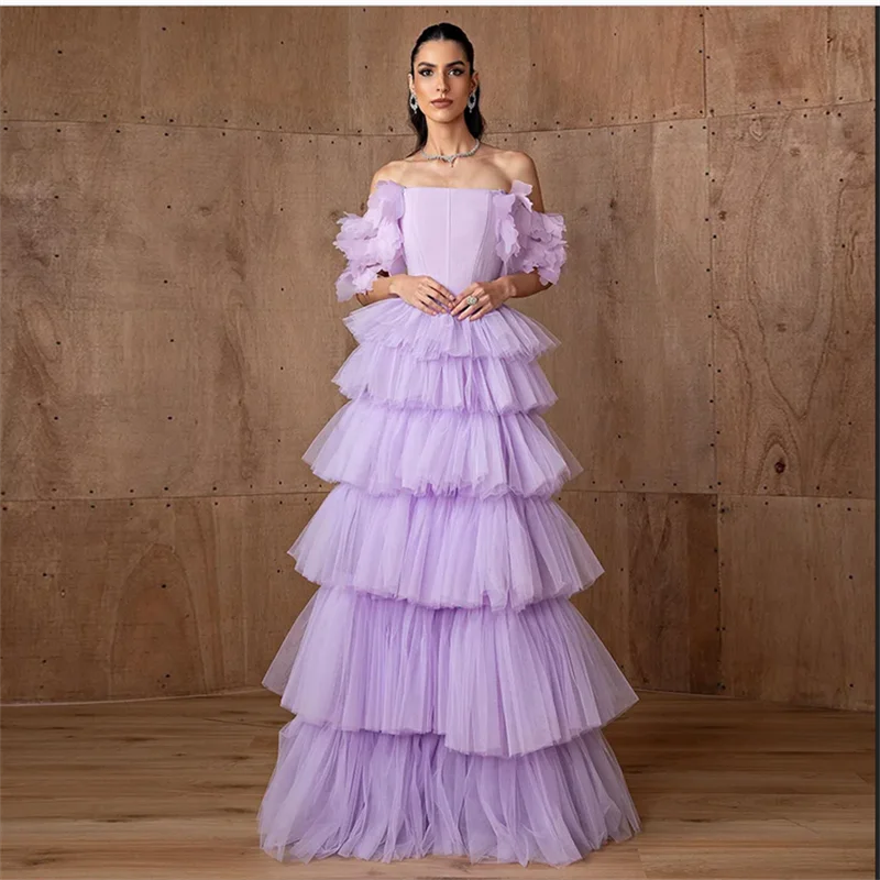 

Tiered Tulle Lilac Elegant Evening Dress Customized Off The Shoulder Floor Length Saud Arabian Party Gown Wedding Party Dresses