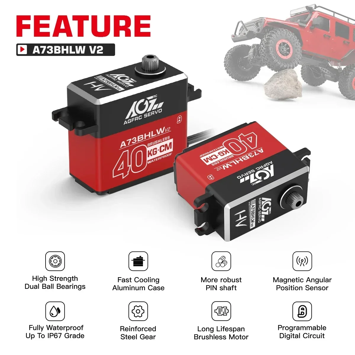 AGFRC A73BHLW V2 A73CHLW V2 HV 40kg 32kg Metal Gear Waterproof IP67 Brushless Standard Servo For 1/10 RC Cars Crawler Buggy Car