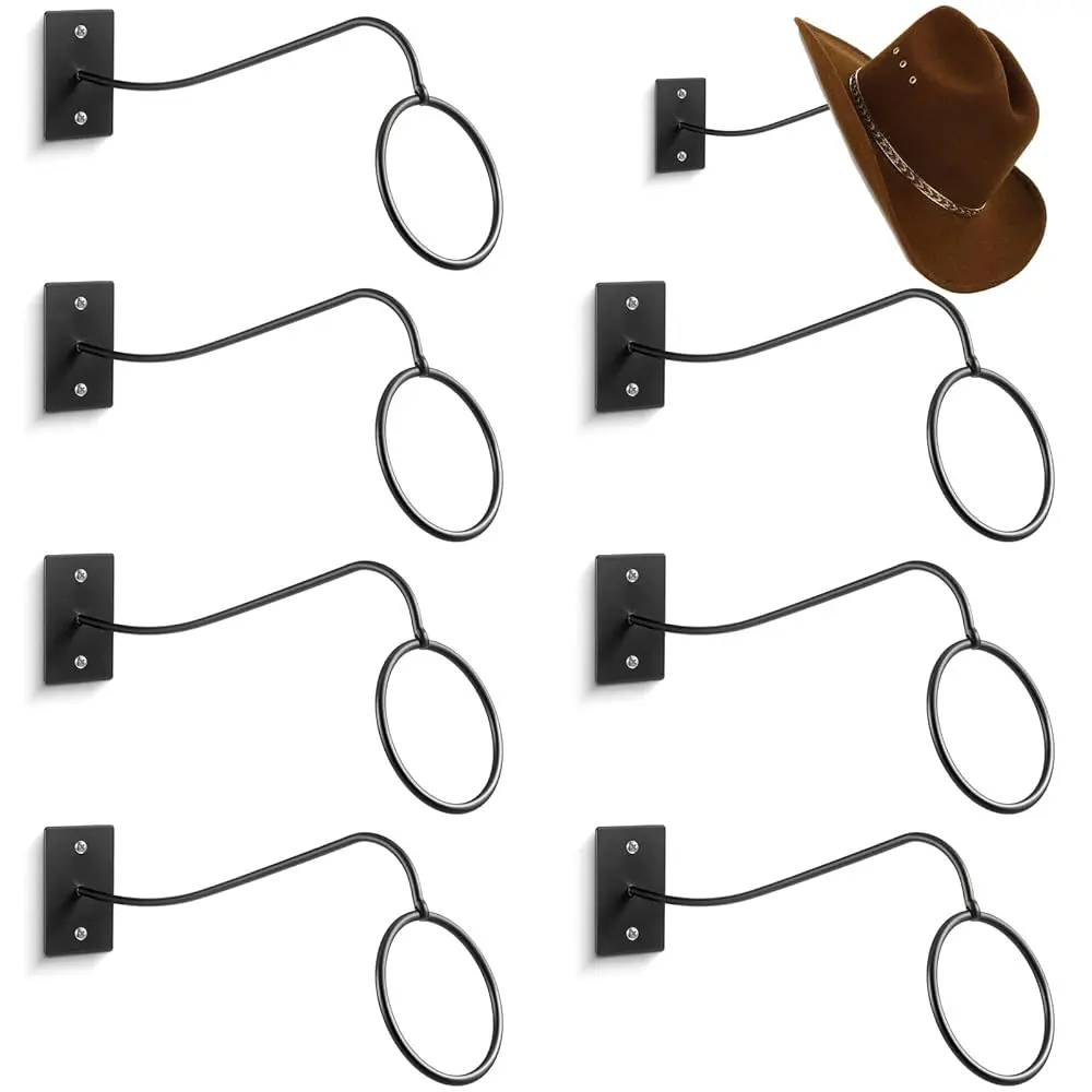 

Набор из 8 настенных держателей для ковбойских шляп, черные металлические крючки для шляп с креплением на стену, многоразовые, с винтами, для федор, из черного металла.