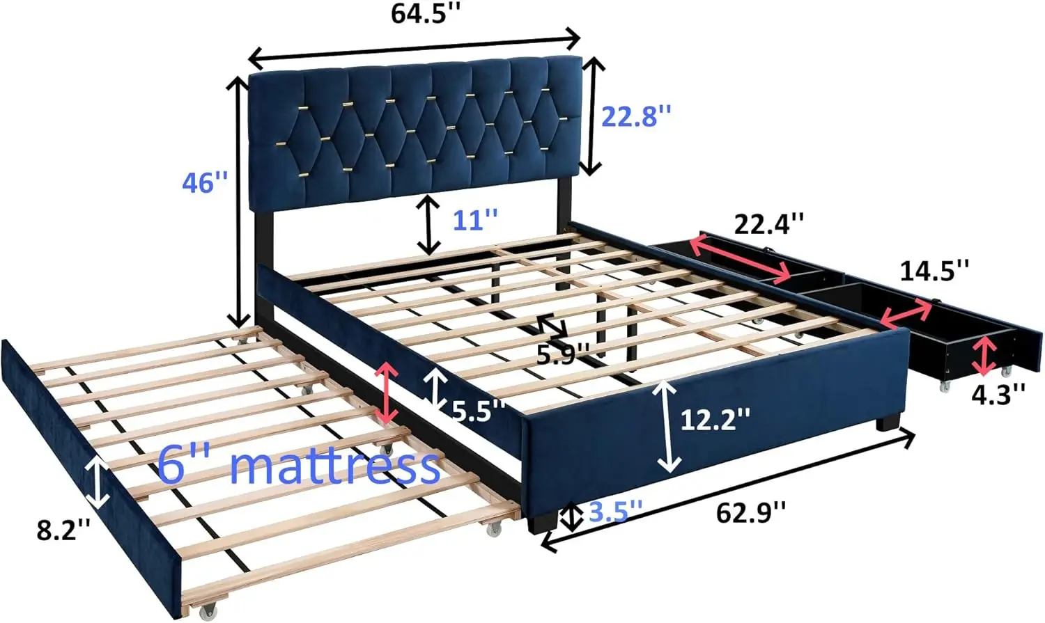 Queen Size Upholstered Platform Bed With 2 Drawers & 1 Twin Xl Trundle,Velvet Platform W/Headboard For Living Room Bedroom, No