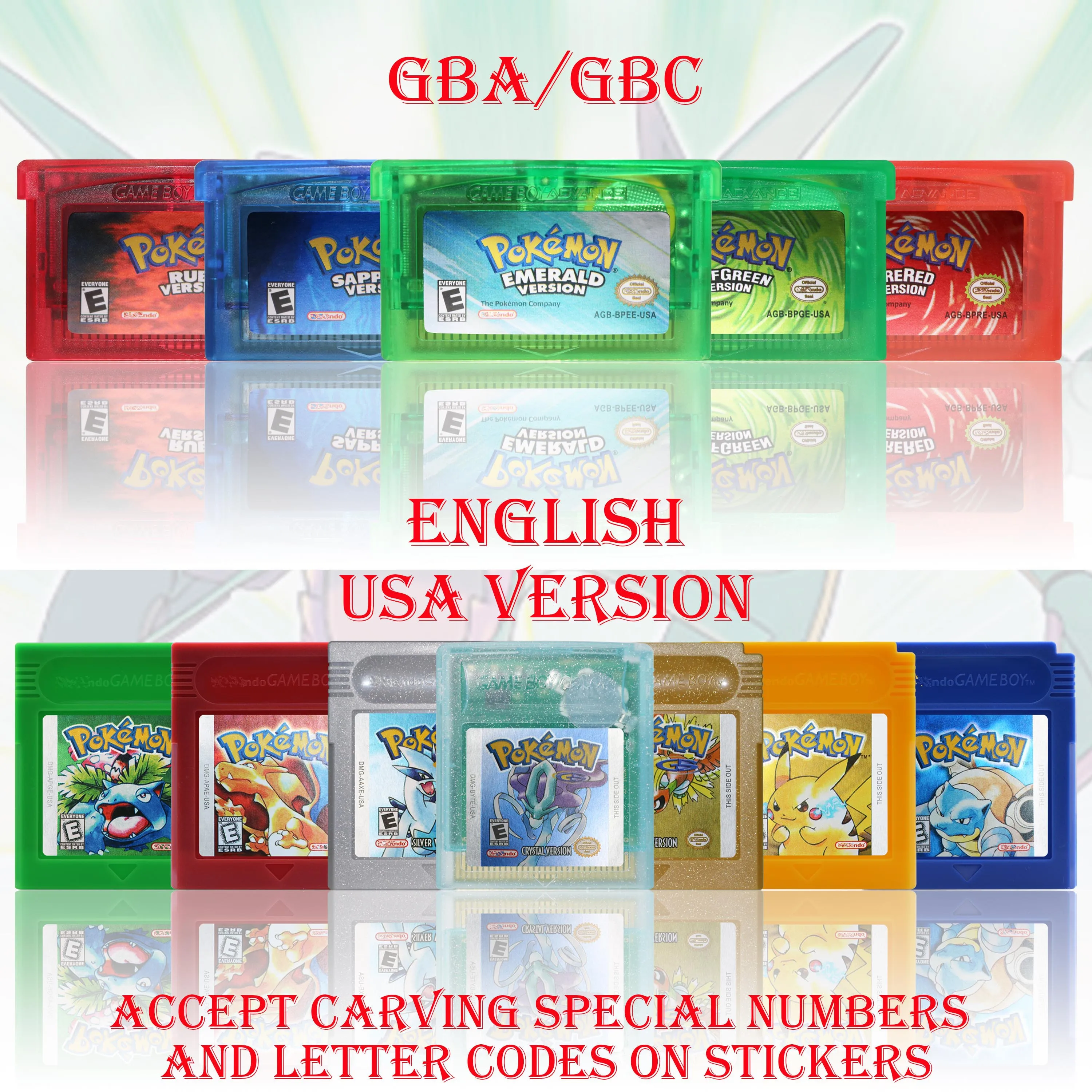 Cartucho de juego GBC/GBA versión USA Pokemon Blue/Crystal/Emerald/Fire Red/Leaf Green, tarjeta de videojuego de alta calidad con batería