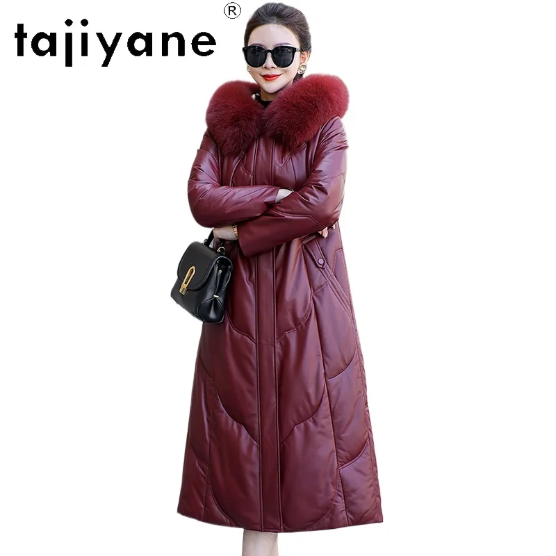 TAJIYANE 100 % Schaffell-Gänsedaunenmantel für Damen, Fuchspelzkragen, Mäntel mit Kapuze, rote echte Lederjacke, Winter-Frau-Kleidung, 2025 α Turismo