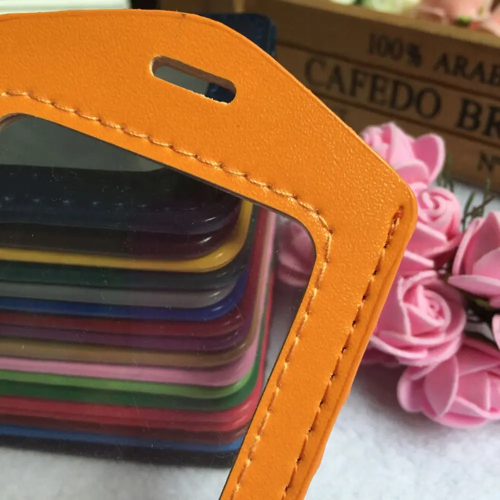 ID PU Leather Card Holders Horizontal Vertical Style Badge Case Clear with Color Border and Lanyard Holes School Stationery