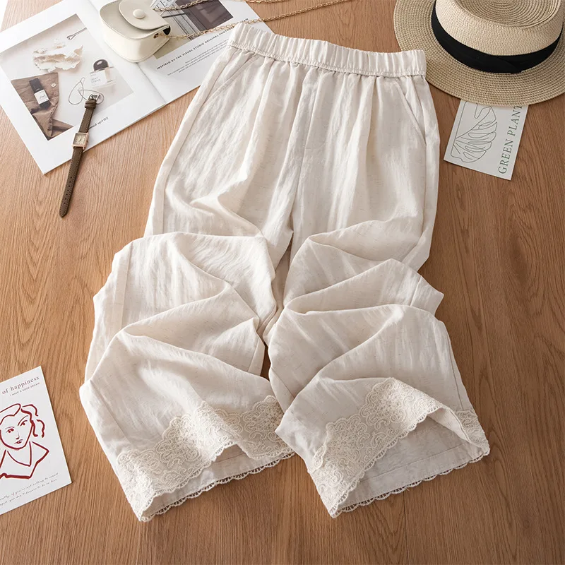 سراويل كتان نسائية صيفية عالية الخصر من الدانتيل مريحة مرقعة كاجوال تسع نقاط مستقيمة