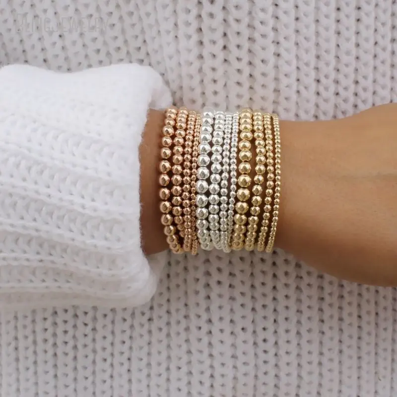 

10pcs K Rose Gold Color Dainty Bracelet Stack Silver Plated Stainless Steel Bead Ball Stretch Jewelry Women Friend Gift