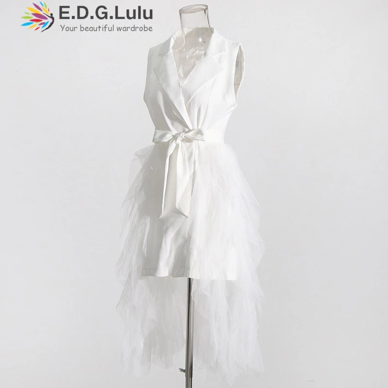 EDGLuLu Turn-Down Collar Sleeveless White Dresses 2025 Woman Design Splicing Mesh Asymmetrical Dress+Belt 1004